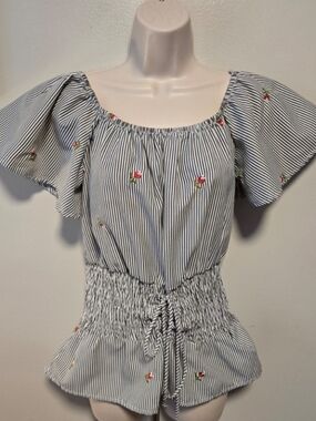 Kontrol Striped Off-Shoulder Peplum Top with Floral Embroidery Blue & White S 🌞